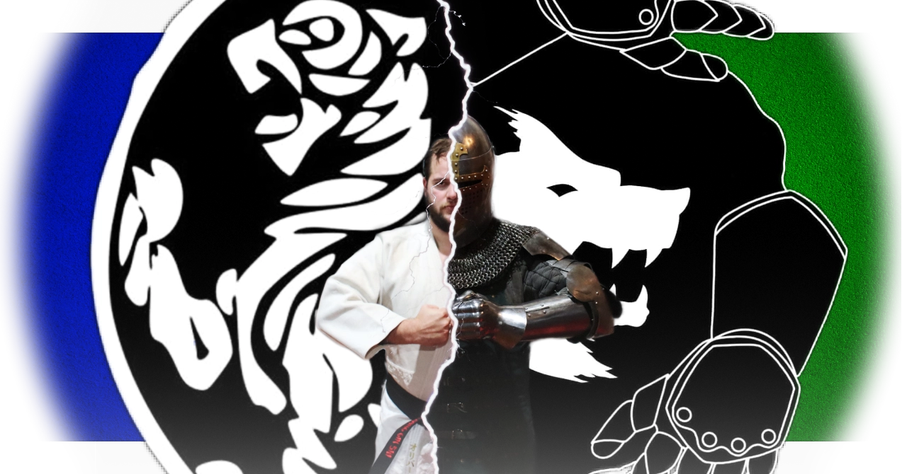 An image of a man, half in armor and half in a karate gi. The Shotokan tiger and Lexington Lycan herald are crossed behind him.